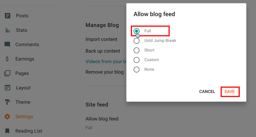 allow full blogger blog feed