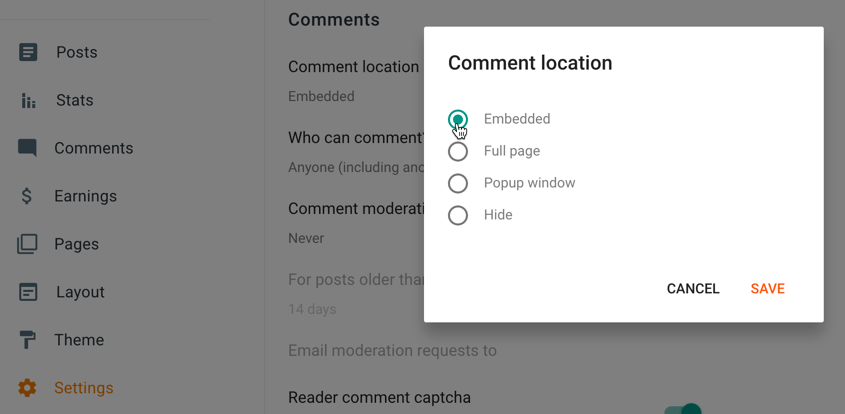 comment location embedded in Blogger